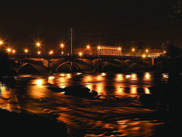 Night shot overlooking the Dan River and Martin Luther King Jr. Memorial Bridge