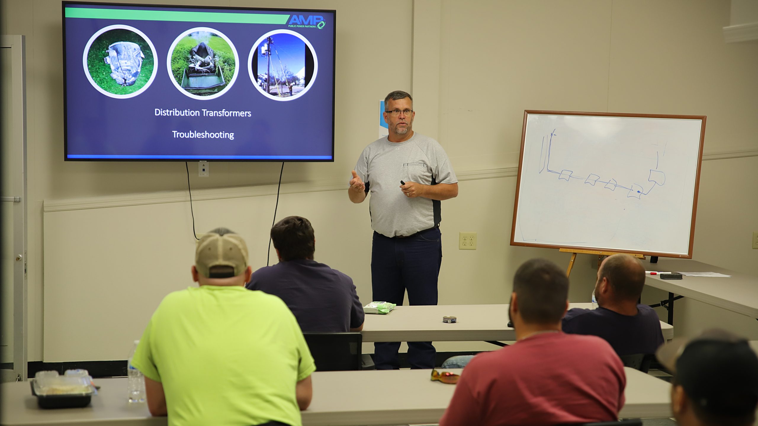 Bob Bowman, instructor/safety coordinator, leads a group of lineworkers on the topic of troubleshooting distribution transformers.